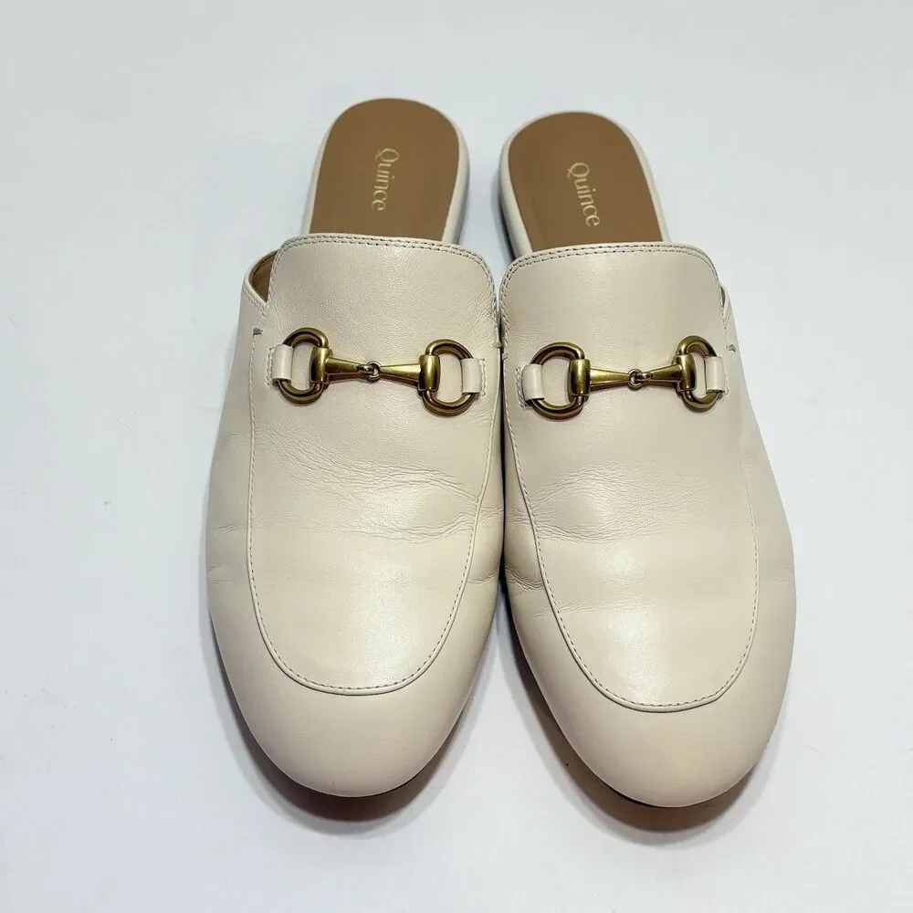 Quince Women Italian Leather Horsebit Loafer Mule Bone Shoes 8.5